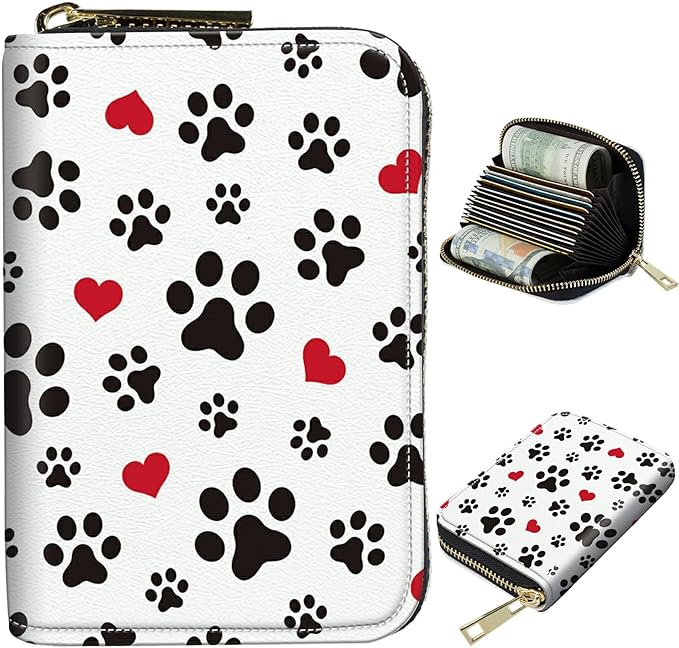 BWEGRHE Cute Credit Card Holder with Zipper, Cute Dog Paw Prints RFID-Blocking Card Case Small Wallet for Women Men, Multi-slot Card Organizer Case Travel Accordion Wallet