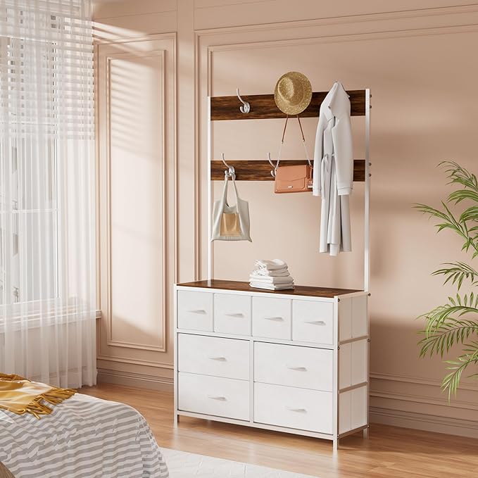 YKVIQBY 8 Drawer Dresser with 6 Double Hooks, 68.9" Tall Closet Organizer and Storage, Fabric Dresser for Bedroom, Nursery, Closet, Space-Saving Freestanding Storage Cabinet (White)