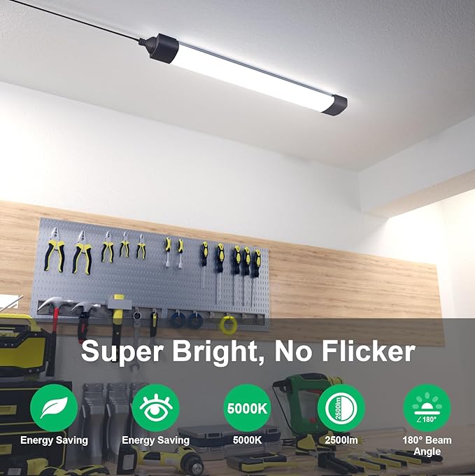 Modlicht Plug in Light Fixture 2FT Linkable 5000K Under Cabinet Lighting, LED Tube Light Fixture with Plug, Triproof Ceiling Wall Light for Closet Workbench Kitchen Basement Garage