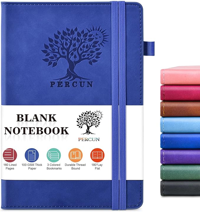 PERCUN Blank Journal Ntebook for Men & Women, 160 Pages Blank Journals for Writing, Drawing,Sketch Book,5.9" x 8.5" Leather Sketchbook, Unlined Notebook for Work, School, Art (Navy)