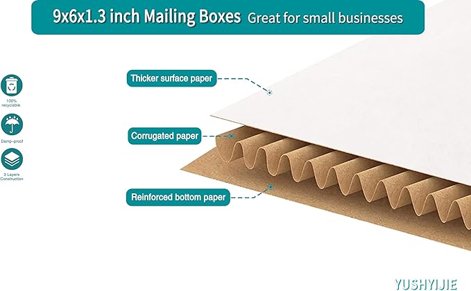 YUSHYIJIE 9x6x1.3 inch Small Shipping Boxes, Multi-Depth Flat Cardboard Boxes with Fragile Stickers for DVD Shipping, Packing, Moving, Storage, White, 25 Pack