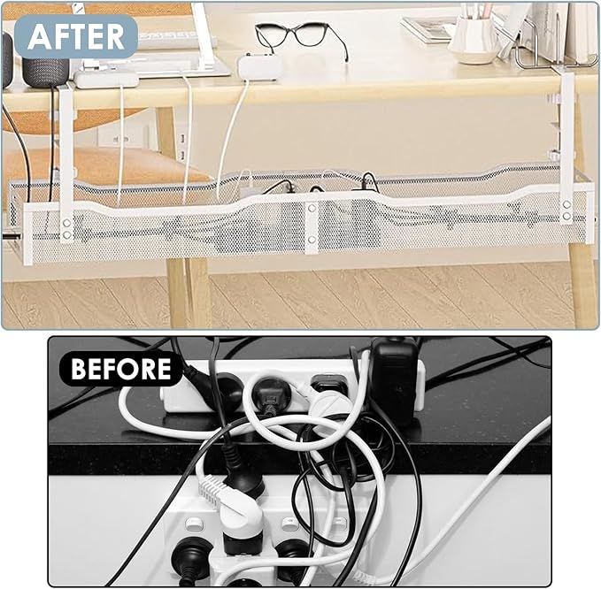 Mzmaxy Cable Management, 25'' Cable Management Under Desk No Drill, Metal Cord Organizer with Clamp for Standing Desk, Cable Organizer for Home Office, White