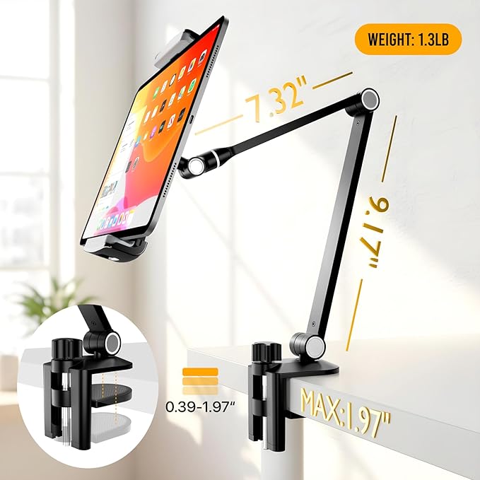Tablet Stand Holder-Adjustable iPad Desk Mount with 360° Rotating Base for 6.3-16" Devices-Foldable Aluminum ipad Arm Mount for Desk,Bed,Kitchen-Compatible with iPhone,iPad,Tablet,Portable Monitor