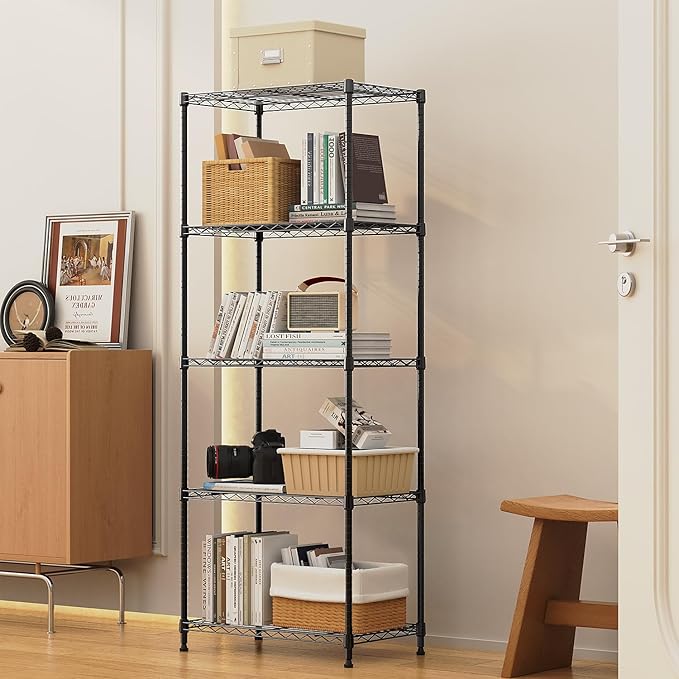 M MZG 1250 lbs 5 Tier Shelf Metal Storage Shelves Wire Rack Closet Organizers with Wheel for Garage Kitchen Bathroom Laundry Black 13.7" D x 23.6" W x 62.4" H