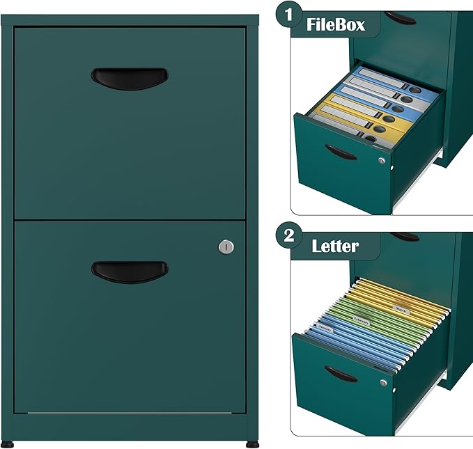SteeLoong 2 Drawer File Cabinet with Lock,Green Metal Office Drawers Filing Cabinets for Home Office, Two Drawer Under Desk File Cabinet for Hanging Letter,Easy Assemble
