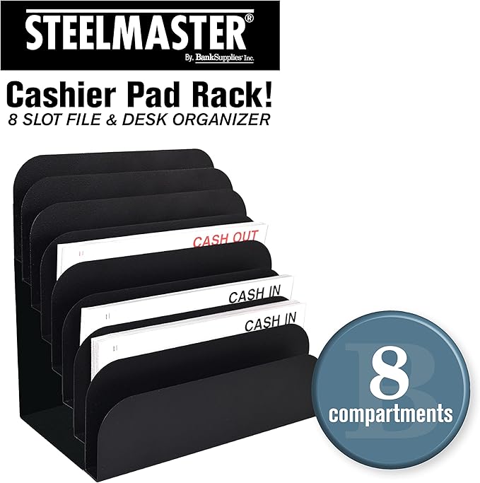 BankSupplies STEELMASTER Steel Cashier Pad Rack - 8 Slot File & Desk Organizer - Paper Organizer - Black Powder Coat Finish - Scratch & Chip-Resistant - Forms, Applications, Deposit Slips & Checks