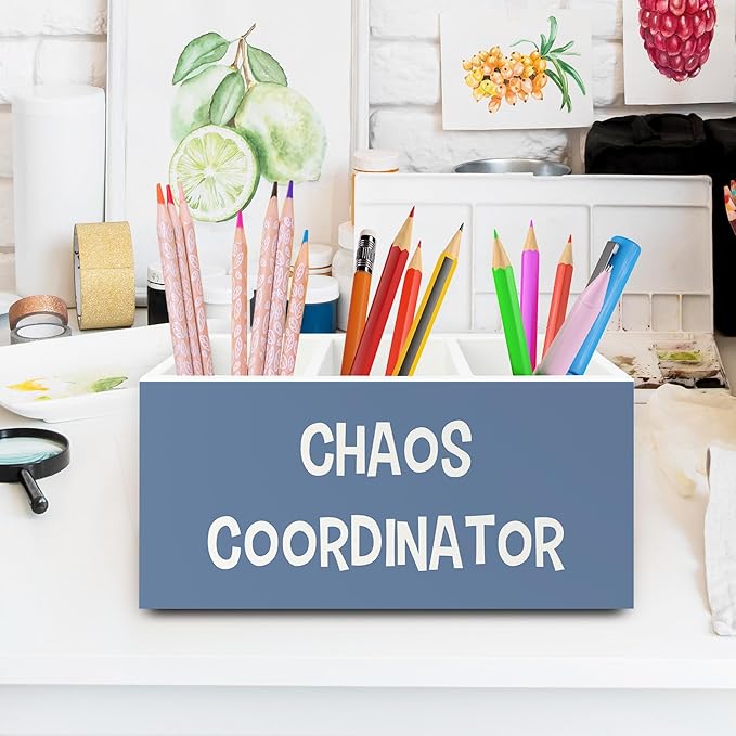 XPH Chaos Coordinator Blue Pen Pencil Holder Organizer for Desk, Thank You Gifts for Women Men Coworkers Boss Leader Manager, Appreciation Gifts Wooden Box Sign for Office Tabletop Decorations
