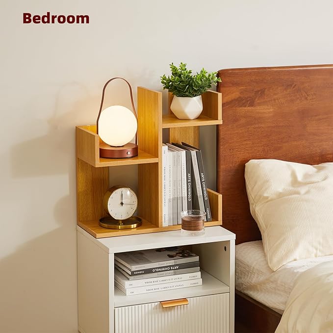 Aibiju Short Bookshelf Small Desk Organizer, Cactus Bookshelf Unique Bookcase, Book Display Shelf Small Plant Stand for Tabletop, Natural Wood Color YD-DSR002N