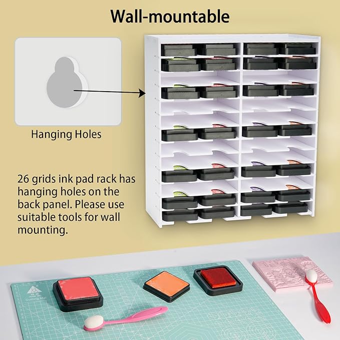 Krafetto 26 Grids Ink Pad Storage Rack, Wall-mountable Stamp Pad Organizer Holder Compatible with 3" x 3" Ink Pads（Grid Size 6.2" W × 3" D × 0.8" H）