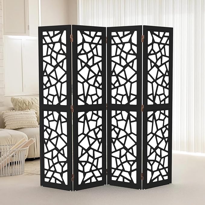 VINGLI 70'' H Room Divider, Non-Woven Fabric Privacy Screen, Indoor Partition Wall Dividers, Freestanding Hinged Space Separator with Modern Unique Pattern (Black, 4 Panel)