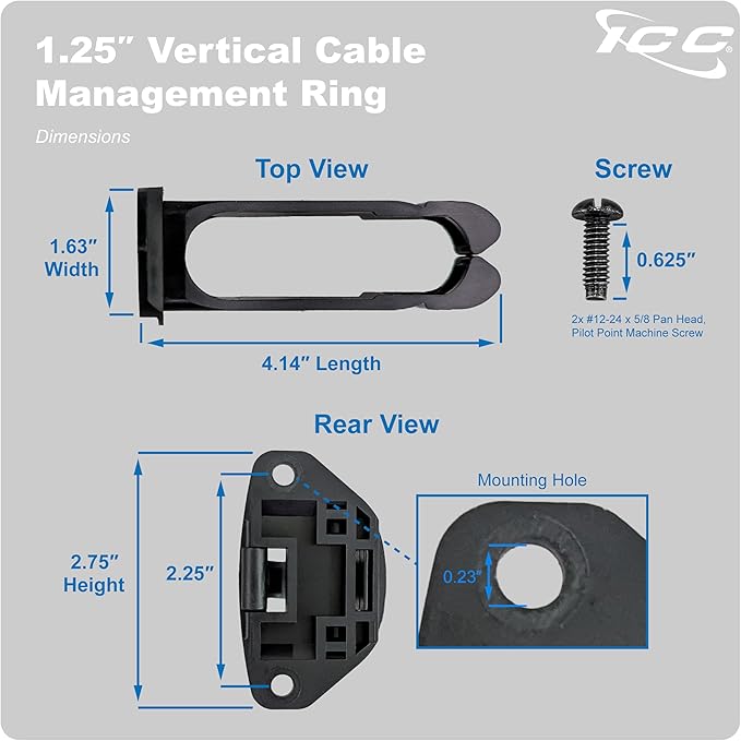 ICC 1.25” Plastic Cable Management Ring, Vertical, Rack or Wall Mount, Pack of 1 – Cable Organizer for Structured Wiring and Data Center Racks