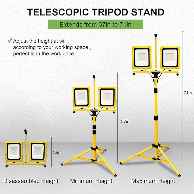 25000 Lumen Work Lights with Stand, Dual Head LED Work Light with USB & Socket, Waterproof Portable Lights with Individual Switch, Led Flood Light with 72 Inch Adjustable Metal Telescoping Tripod