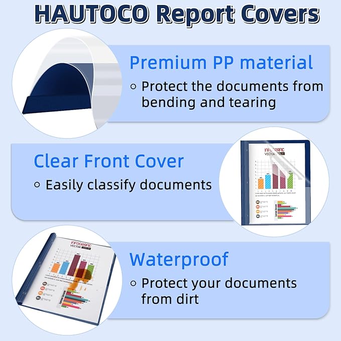 HAUTOCO 30 Pack Plastic Report Covers with 3-Prong Fasteners Clear Front Presentation Folders Resume Folders for 8.5x11 Letter Size Paper, Document Report Cover for School Office Business, Navy Blue