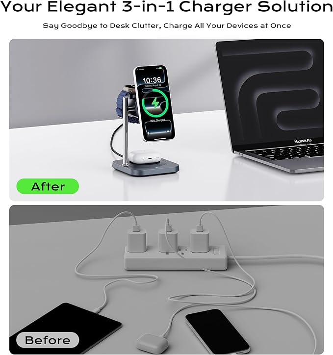 Gumosh Qi2.2 Charging Station for Apple, 25W 3 in 1 Magsafe Charger Stand with Active Cooling Fan, Magnetic Wireless Charger for iPhone 17/16/15/14/13/12, Apple Watch, AirPods (with 45W Adapter)
