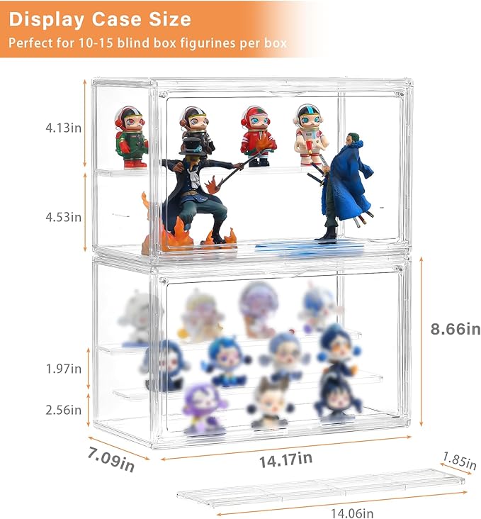 Freebat Clear Acrylic Display Case for Collectibles - 3-Tier Adjustable Figure Display with Magnetic Door & Removable Shelves,Stackable Dispaly Box for Figures - 2 Pack