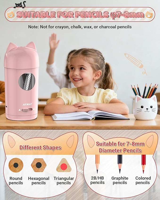 AFMAT Electric Pencil Sharpener, Pencil Sharpener for Classroom, Auto in & Out, Fully Automatic for φ7-8mm Pencils, Rechargeable & Cordless, Kids Pencil Sharpeners for Classroom Home School PSX9