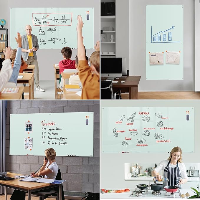 TSJ OFFICE Glass Dry-Erase Board - 8 x 4 Ft Wall Mounted Glass Magnetic Whiteboard, 96" x 48" Extra Large Frameless White Board for Office, Home & School