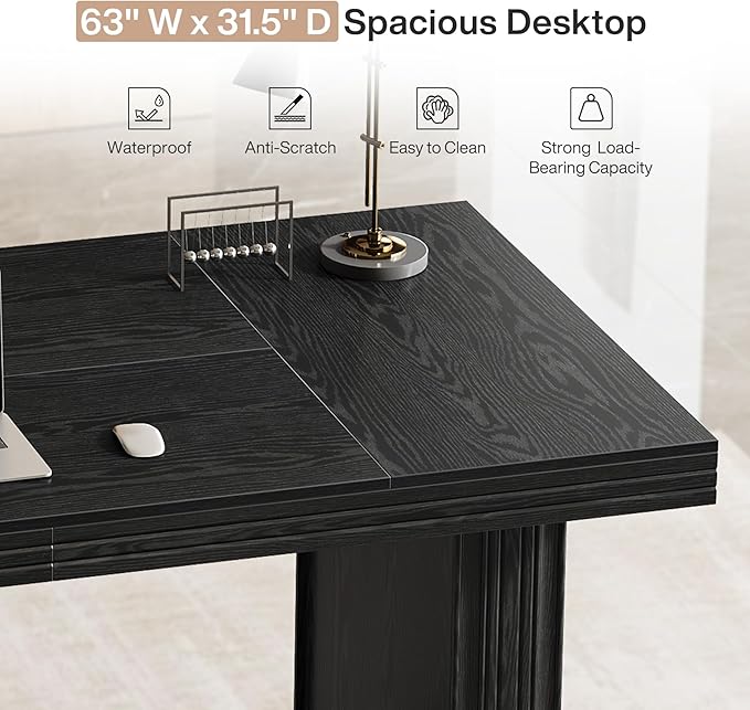 Tribesigns 63" Executive Desk, Large Office Computer Desk with Heavy-Duty Legs and Thickened Desktop, Elegant Writing Workstation Study Table Conference Table for Office, Black