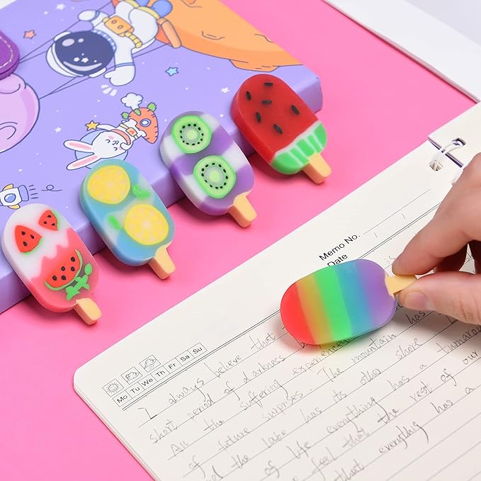 DOMG 16 Pcs Cute Fruit Shaped Ice Cream Erasers for Kids - Fun Food Erasers for Classroom Rewards & Party Favors