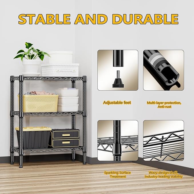 M MZG 750 lbs 3 Tier Shelf Metal Storage Shelves Wire Rack Closet Organizers for Garage Kitchen Bathroom Laundry Black 11.8" D x 25.6" W x 31.5" H