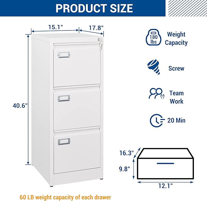 Fesbos 3 Drawers Vertical File Cabinets - 17.8" Deep Lockable Filing Cabinet - White Metal Storage Cabinets for Home Office to Hanging Files Letter/Legal/F4/A4 Size