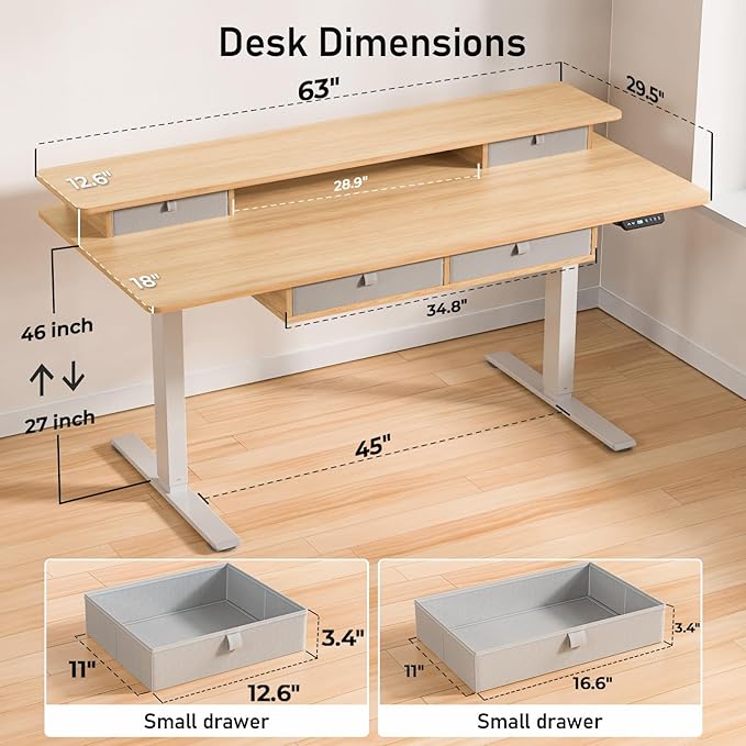 ExaDesk Electric Standing Desk, 63 * 30 Inches Adjustable Height with 4 Drawers, Double Storage Shelves, Home Office Workstation Sit Stand up Desk (Nature)