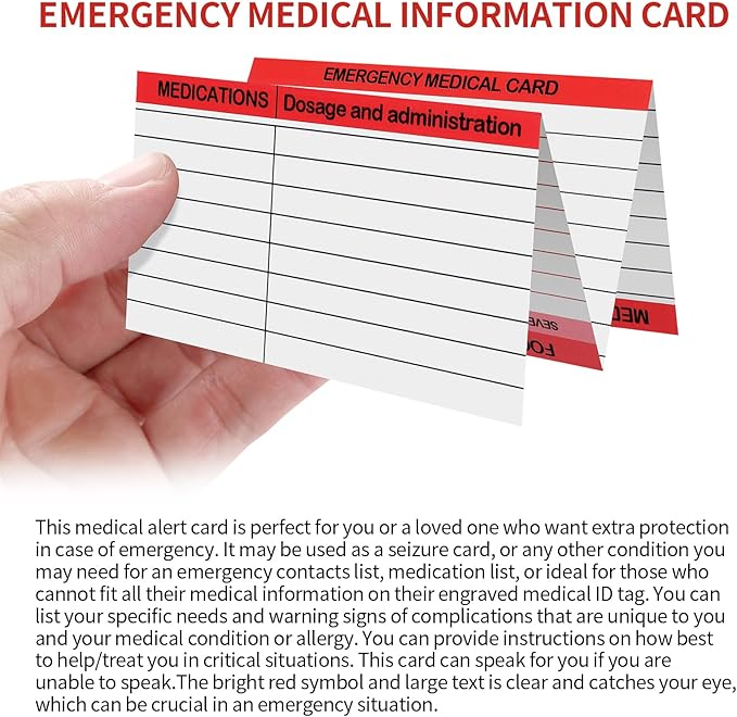 4 Pack Emergency Medical Information Id Card Red Medical Condition and Emergency Contact Id Wallet Card Medical Alert Wallet Card Pocket Size Medication List and Medical Cards for Caretakers (Red)