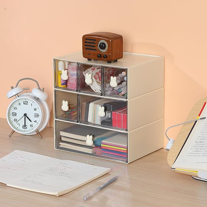 OSteed Desktop Drawers, Desk Organizer with 6 Drawers & Bunny Handles, Stackable Craft Storage Box for Home Collection, Cosmetics, Office Supplies (3 Tiers, Cream & Clear)