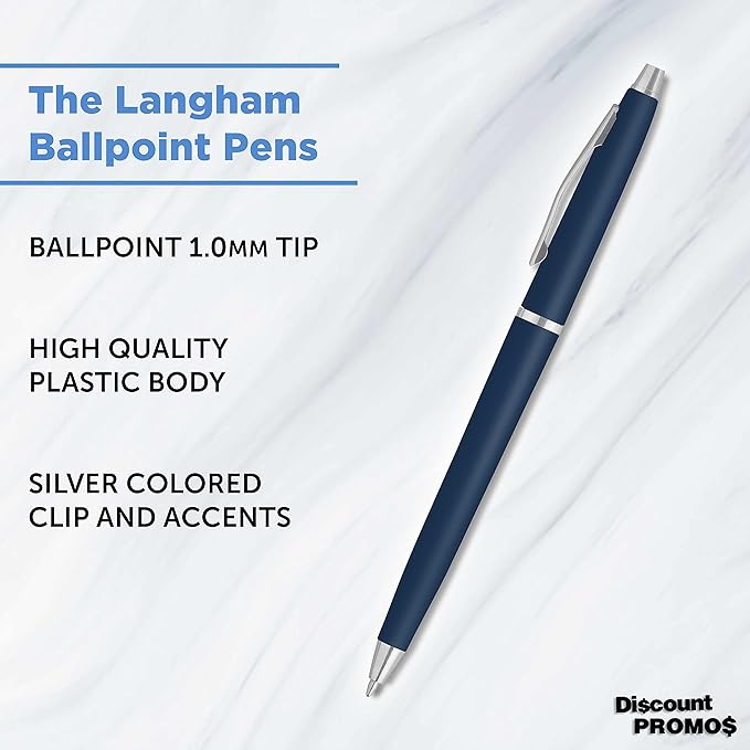 DISCOUNT PROMOS Langham Ballpoint Pens Set of 10, Bulk Pack - Black Ink, Great for Office, School, Business, Tradeshows - Navy Blue