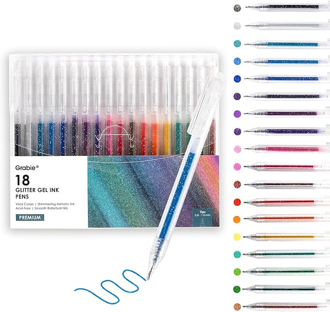Grabie Glitter Gel Pens, 18 Colors Metallic Glitter Pens & Gel Ink Pens for Adult Coloring Books, Journaling, Drawing, Scrapbooking & DIY Crafts – Retractable Sparkle Pens, Smooth & Non-Toxic