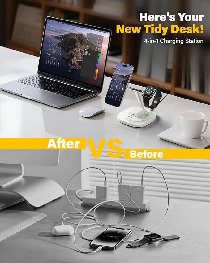 3 in 1 Magnetic Wireless Charger for Apple - Fast Charging Station Compatible with MagSafe for iPhone17-12, Apple Watch& AirPods, Phone and Watch Charger Stand for Desktop Bedside Nightstand (Ivory)