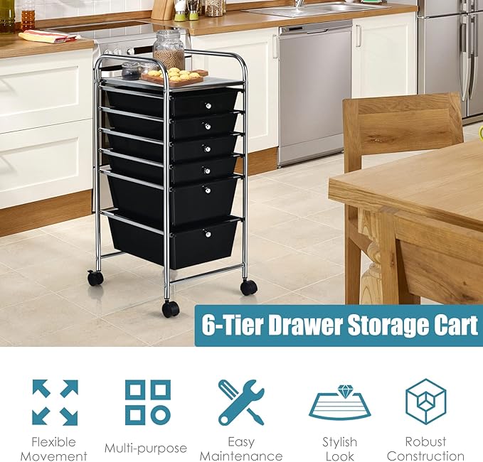 Giantex Rolling Storage Cart with 6 Drawers, Multipurpose Mobile Organizer Cart for Tools Scrapbook Paper Home Office School (Black)