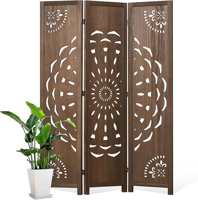 66.9Inch Wooden Room Partition - 3 Panels Boho-Styled Space Room Divider for Home/Office, Headboard & Yoga/Photo/Video Call Backdrop (Brown)