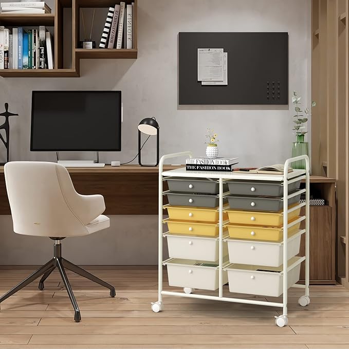 Happygrill 12-Drawer Rolling Storage Cart, Multipurpose Storage Cart W/Lockable Wheels, 2 Sizes Plastic Drawers & Metal Shelf, Mobile Utility Cart for Home Office School