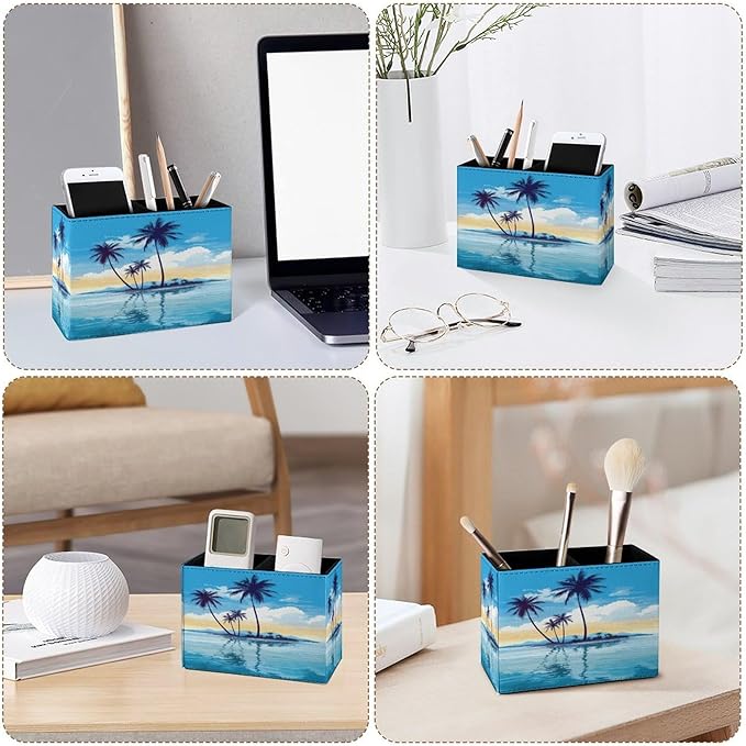 Famame Tropical Island Palm Trees Pencil Holder for Desk, Leather Desktop Container Pen Cup Storage Study Table Pen Organizer Makeup Brush Holder for Classroom Office Home