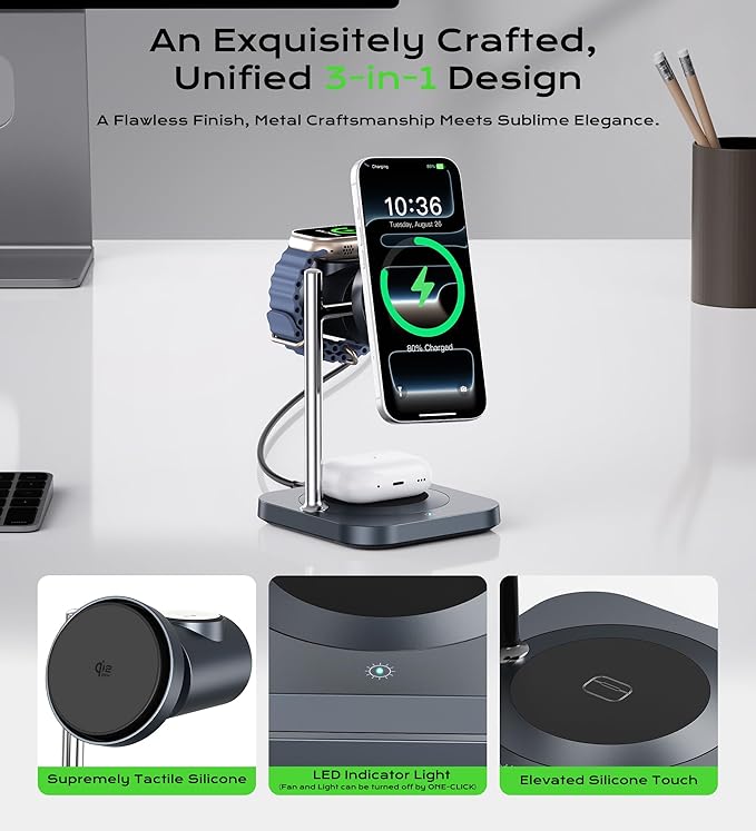 Gumosh Qi2.2 Charging Station for Apple, 25W 3 in 1 Magsafe Charger Stand with Active Cooling Fan, Magnetic Wireless Charger for iPhone 17/16/15/14/13/12, Apple Watch, AirPods (with 45W Adapter)