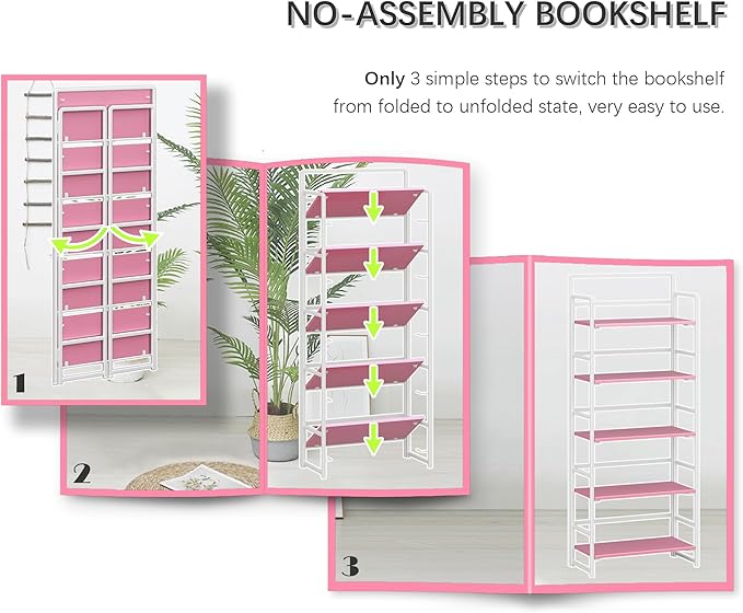 4NM No Assembly 5 Tiers Folding Bookshelf Storage Shelves Vintage Bookcase Standing Racks Study Organizer Home Office (Pink White)