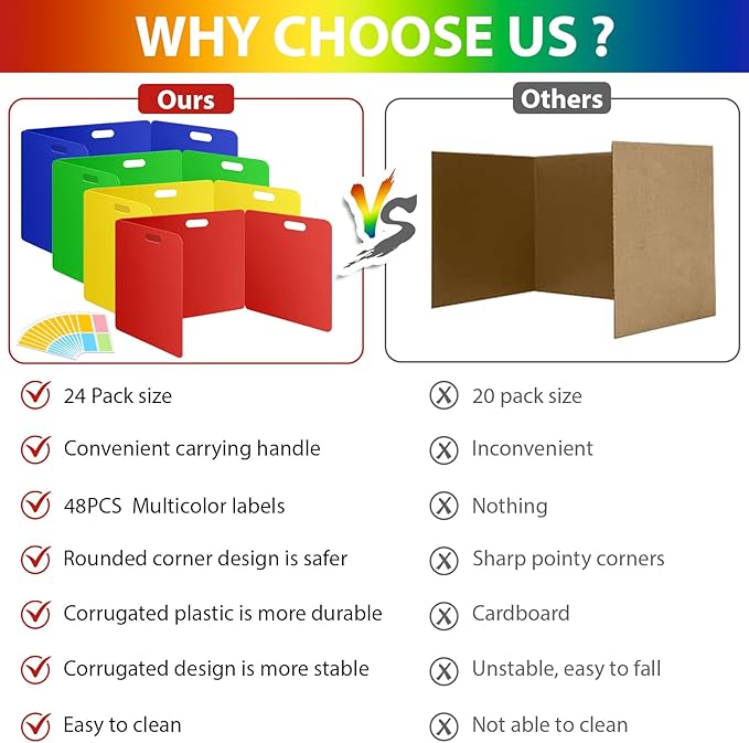MuseLuxe 24 Pack Privacy Folders for Students - Durable & Waterproof Plastic Study Desk Dividers,Test Dividers for Classroom,Easy to Clean Privacy Shields & Boards -4 Color,Includes Extra 48 Labels