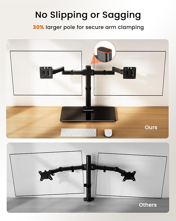 ErGear Freestanding Dual Monitor Stand for 17 to 32 Inch Screens, Computer Monitor Mount for 2 Screens, Dual Monitor Arm with Tempered Glass Base, VESA Mount Desk Stand Holds 22 lbs per Arm