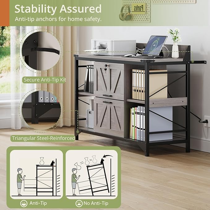 AesthLife 44" File Cabinet for Home Office, Wood Filing Credenza with Built-In Power Outlet, 2 Drawer File Cabinet with Lock, 4 Open Shelves, Metal Shelf, Adjustable Drawer fit to Legal/Letter/A4 Size
