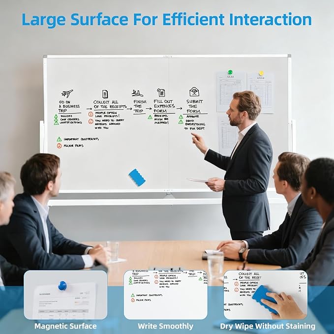 VOWNER Double-Sided Magnetic Whiteboard, 72" x 40" Large Mobile Dry Erase Board, Reversible Rolling White Board with Aluminum Frame & Stand, for Home Office, Classroom, School, White