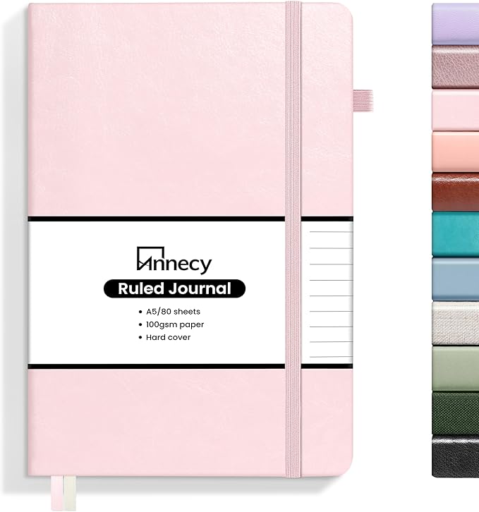 Annecy Lined Journal Notebook, Hardcover Leather Journal for Women & Men, 160 Numbered Pages, Medium 5.5" x 8.25", 100 GSM Thick Paper, Pink