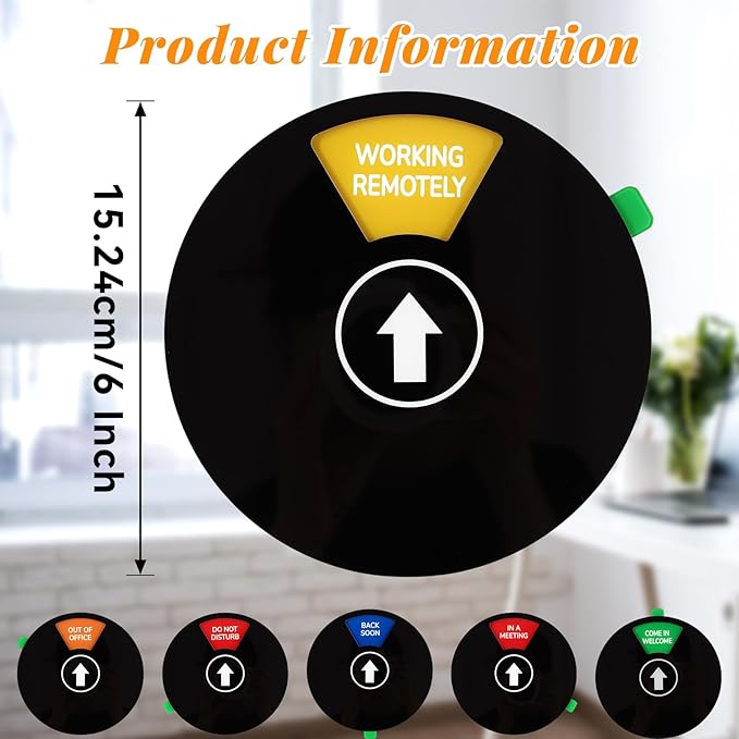 Office Door Sign, Black Rotating Status Door Sign with 6 Options - Do Not Disturb/Out of Office/In a Meeting/Come in Welcome/Working Remotely/Back Soon, 6 Inch Round Privacy Signs (Black)