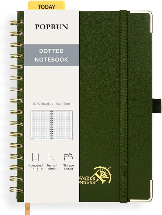 POPRUN Spiral Dotted Journal Notebook, [A5-5.75'' x 8.25''] - 120 GSM Thick Paper, 141 Numbered Pages, Hardcover for Men & Women with Pocket, Index Tabs, 8 Perforated Sheets, Olive