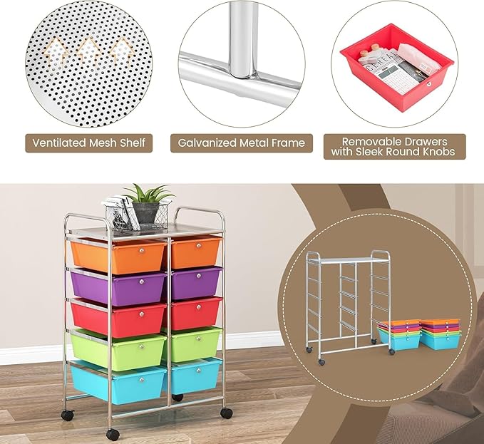 LDAILY 10 Drawer Rolling Cart, Storage Cart Organizer on Wheels, Drawer Cart with Metal Frame & Large Storage Capacity, Rolling Cart with Drawers for Living Room Classroom, Office