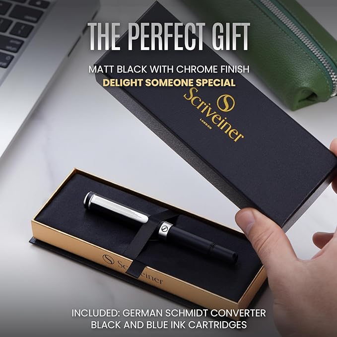 Scriveiner Personalized Luxury EDC Fountain Pen (Medium), Stunning Matt Black Pocket Pen, Chrome Finish, Schmidt German Nib, Best Engraved Fountain Pen Gift Set for Men & Women, Name Engraving