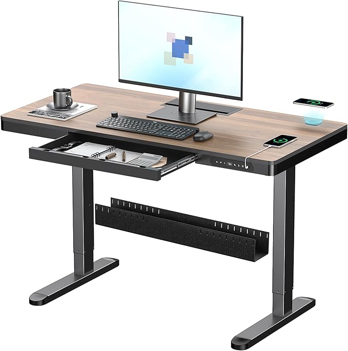 ERGO COLLECT Electric Standing Desk 48 Inch - One-Piece Desktop with Drawer, Cable Management, Wireless Charging & USB Port, Quiet Motor - for Home Office, Walnut