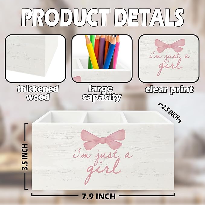 XPH Pink Coquette Bow Preppy Pen Pencil Holder Organizer for Desk, Preppy Desk Decor, I'm Just a Girl Pink Wooden Box Sign for Girly Room Bedroom Dorm Tabletop Decorations