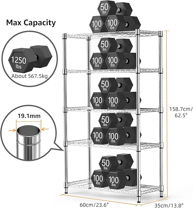 M MZG 1250 lbs Steel Heavy Duty 5-Tier Utility Shelving Unit Steel Organizer Wire Rack for Home,Kitchen,Office,Chrome (13.7" D x 23.6" W x 62.4" H)