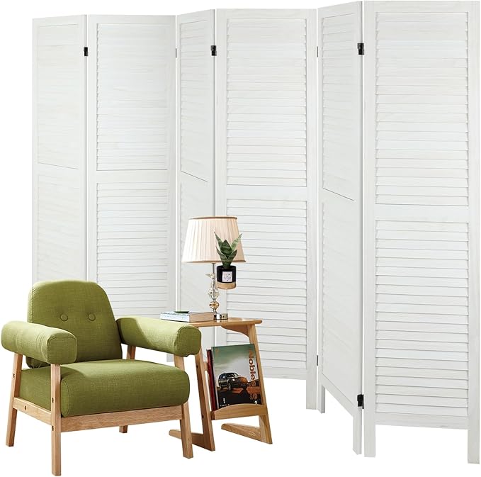 6 Panel Room Dividers and Folding Privacy Screens, Divider for Room Separation, Wood Louvered Divider Wall, Wooden Partition for Home Office Bedroom (White-Washed)